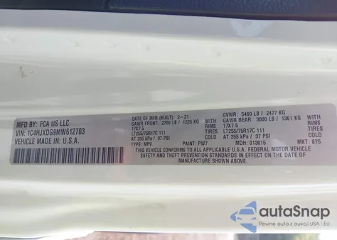 2021 Jeep Wrangler Unlimited Willys Sport 4X4 z USA, uszkodzony, nr VIN 1C4HJXDG9MW612703